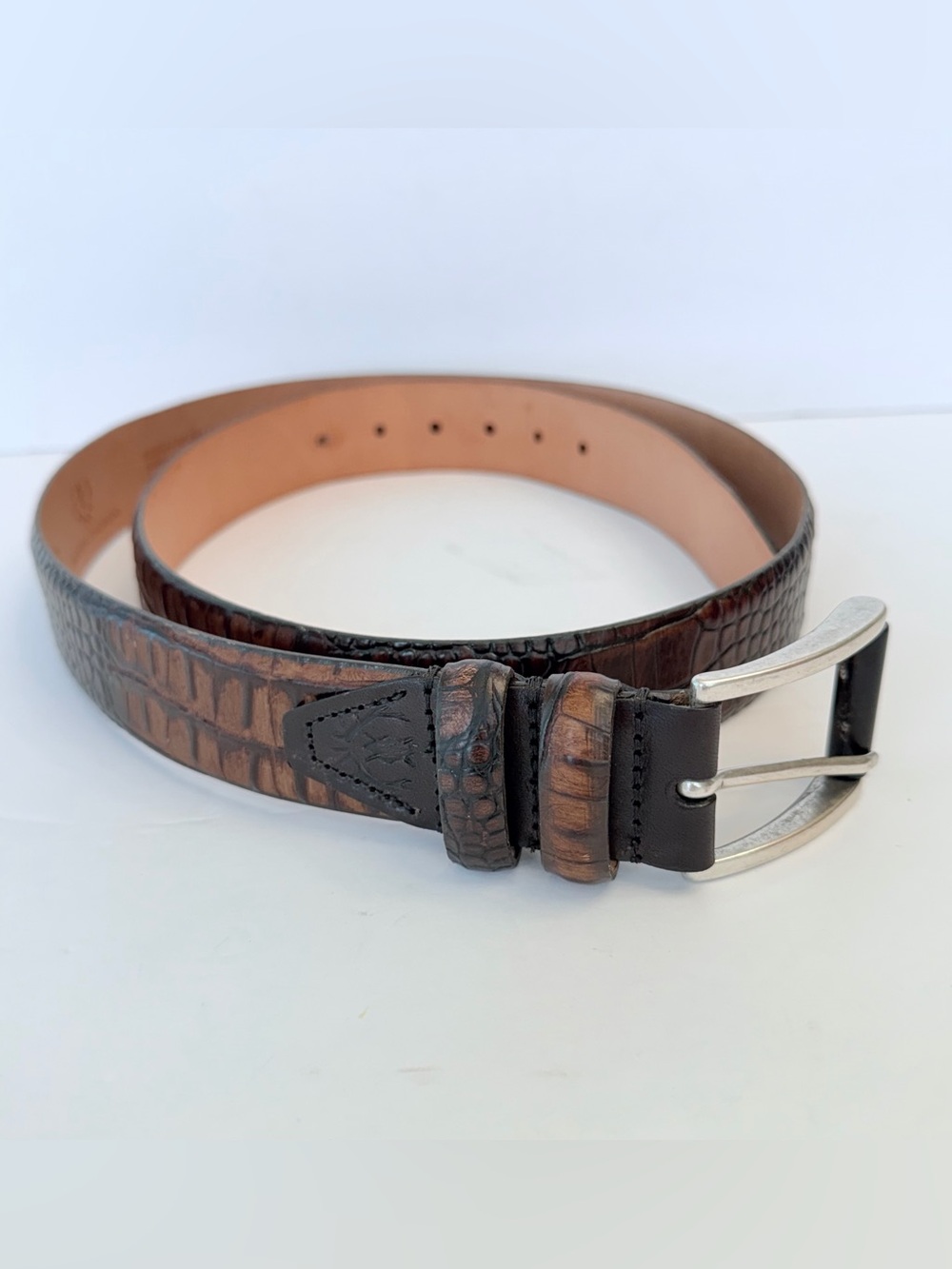 Martin Dingman William 2 brass buckle Italian alligator grain leather belt, 42